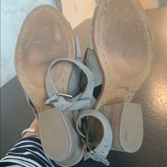 Taupe Suede Marc Fisher Stacked Heel Wrap Sandals - Picture 4 of 6